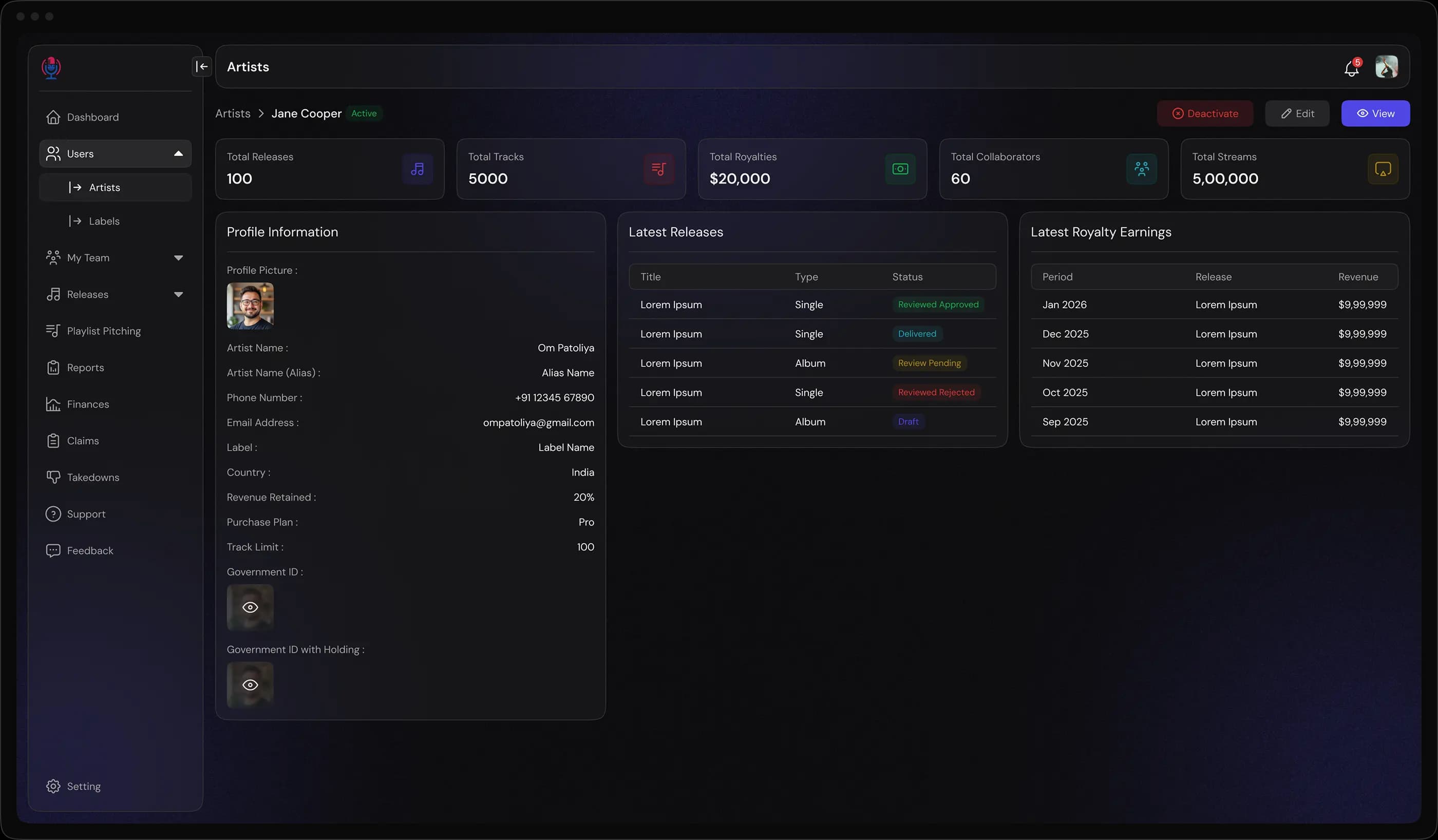 ASUPX Suite artist management dashboard